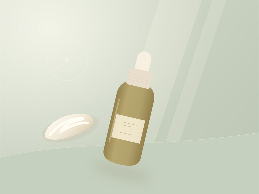 Illustrated dropper bottle and cream jar against a muted green background.