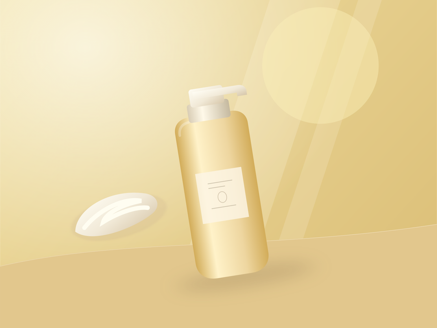Illustrated pump bottle and cream jar against a pale yellow background.